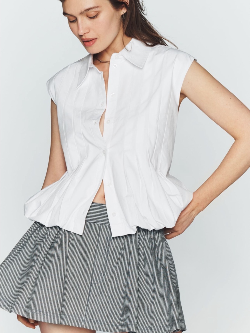 Maeve White Sleeveless Button-Down Peplum Top